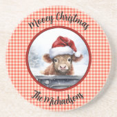 Highland Cow Red White Gingham Monogram Christmas Getränkeuntersetzer (Vorne)