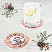 Highland Cow Red White Gingham Monogram Christmas Getränkeuntersetzer