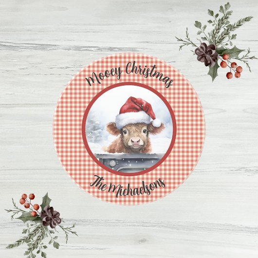 Highland Cow Red White Gingham Monogram Christmas Getränkeuntersetzer