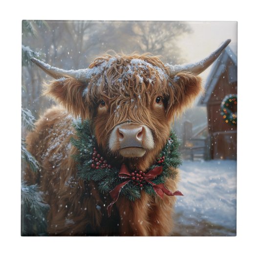 Highland Cow Rustic Barnyard Weihnachten Fliese (Vorderseite)