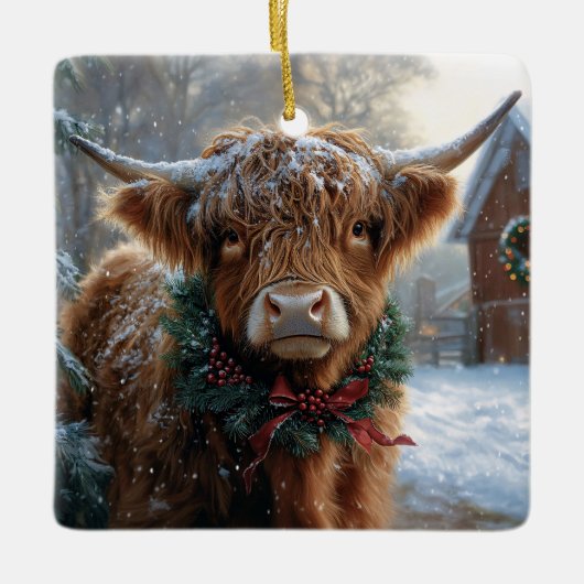 Highland Cow Rustic Barnyard Weihnachten Keramikornament (Vorderseite)