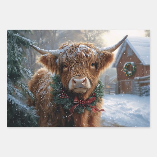 Highland Cow Rustic Barnyard Weihnachtsdekoupage Geschenkpapier Set (Vorderseite)