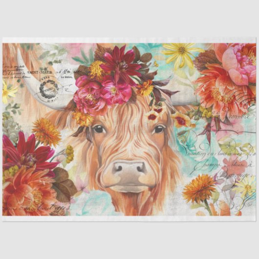 Highland Cow Rustic Boho Bauernhof Decoupage Seidenpapier (Vorderseite)