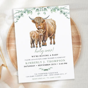 Highland Cow Sage Boho Greenery Baby Shower Einladungspostkarte