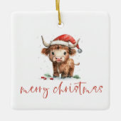 Highland Cow Santa Script Name Merry Weihnachten Keramikornament (Vorderseite)