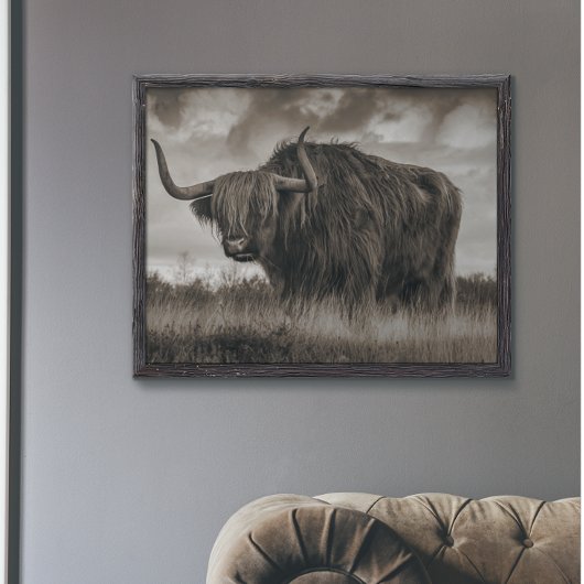 Highland Cow Scotland Rustic Brown Monoton Post Poster