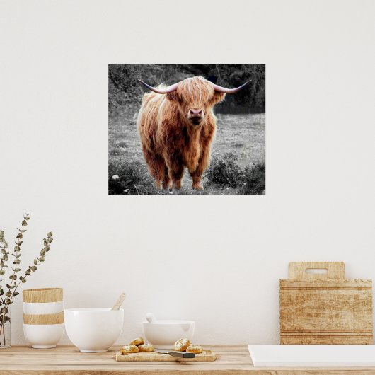 Highland Cow Scotland Rustic Poster Schwarz-weiß (Küche)