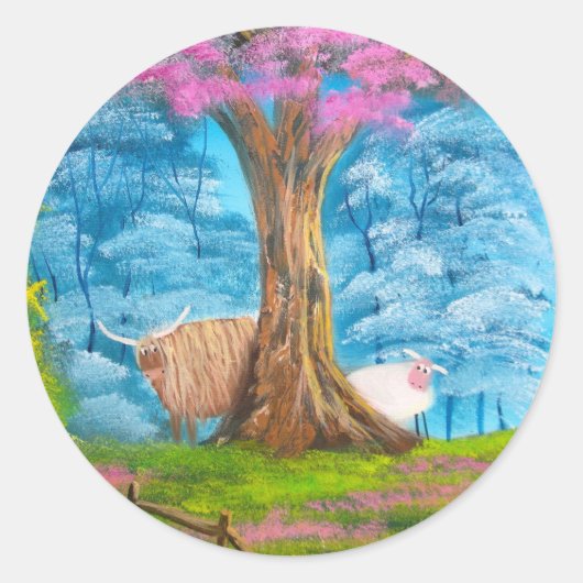 HIGHLAND COW SHEEP FOLGEMALT RUNDER AUFKLEBER (Vorderseite)
