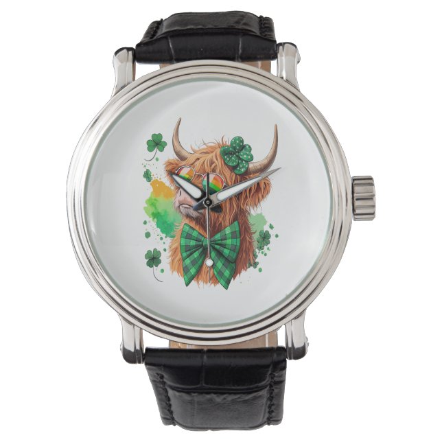 Highland Cow St Patrick's , Lucky Cow Armbanduhr (Vorderseite)