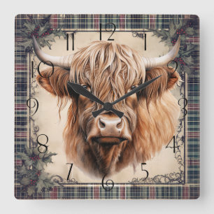 Highland-Cow-Tartan-Clan-Aquarell Quadratische Wanduhr