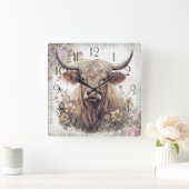 Highland Cow Tartan Clan Watercolor Quadratische Wanduhr (Zuhause)