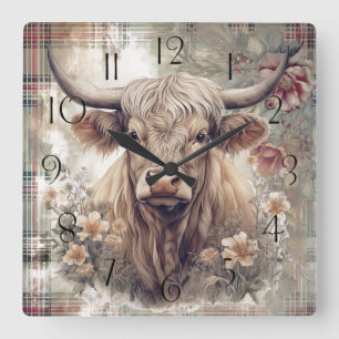 Highland Cow Tartan Clan Watercolor Quadratische Wanduhr