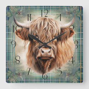 Highland Cow Tartan Clan Watercolor Quadratische Wanduhr