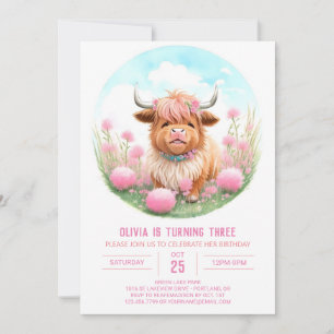 Highland Cow und Pampas Girl Birthday Einladung