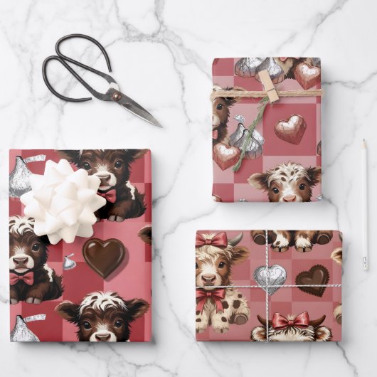 Highland Cow Valentine Chocolate Gift Set of 3 Geschenkpapier Set (Vorderseite)