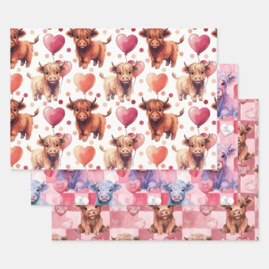 Highland Cow Valentine Pink Balloon Hearts Gift Geschenkpapier Set (Set)