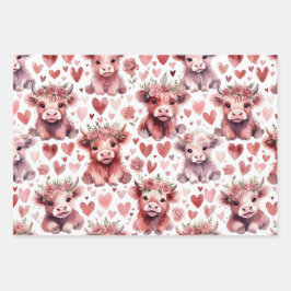 Highland Cow Valentine Pink Floral Watercolor Geschenkpapier Set
