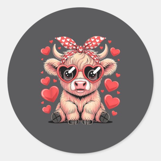 Highland Cow Valentines Day Funny Heart Sungles Ba Runder Aufkleber (Vorderseite)