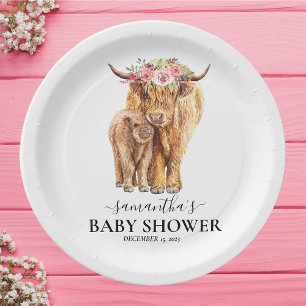 Highland Cow Watercolor Baby Showkalb Pappteller