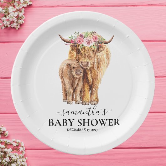 Highland Cow Watercolor Baby Showkalb Pappteller