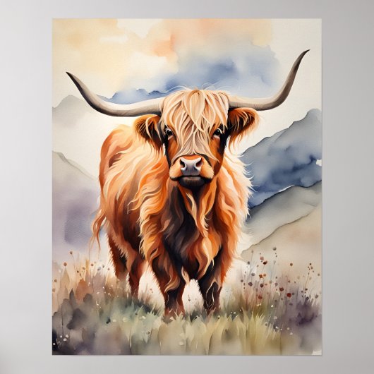 Highland Cow Watercolor Farmhouse Wall Art Poster (Vorne)