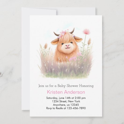 Highland Cow Watercolor Girl Baby Dusche Einladung (Vorderseite)