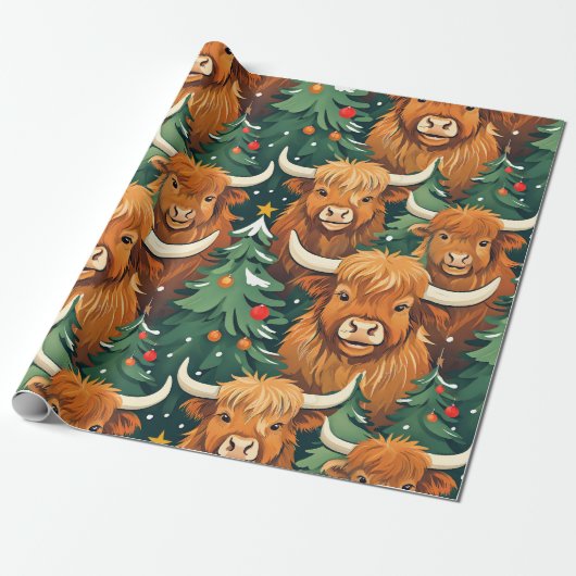 Highland Cow Weihnachtsmuster Geschenkpapier (Ungerollt)