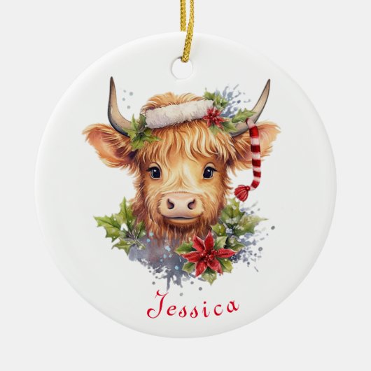 Highland Cow Weihnachtszeit Weihnachtsmannmütze Pe Keramik Ornament (Vorne)