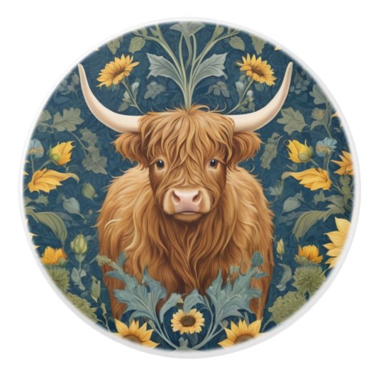 Highland Cow William Morris-Stil Gelbe Sonnenblume Keramikknauf (Vorderseite)