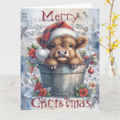 Highland Cow Winter Christmas Watercolor Karte (Gelbe Blume)