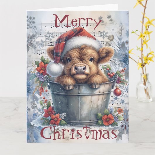 Highland Cow Winter Christmas Watercolor Karte (Gelbe Blume)