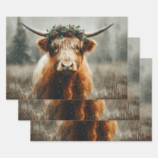 Highland Cow With Christmas Wreath Crown Geschenkpapier Set (Set)