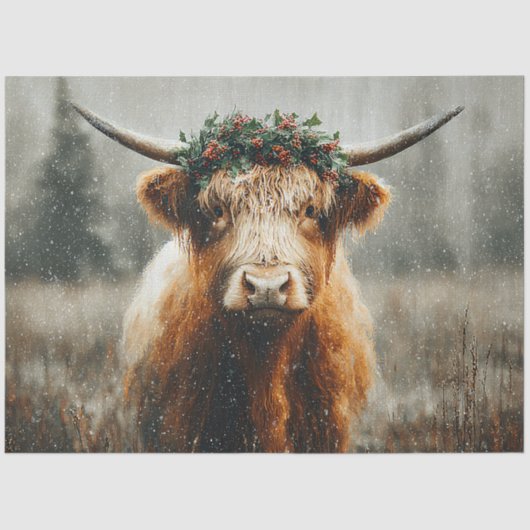 Highland Cow With Christmas Wreath Crown Seidenpapier (Vorderseite)