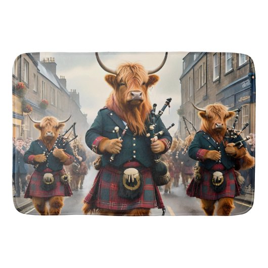 Highland Harmony: Bagpipe Highland Cow Band Badematte (Vorderseite)