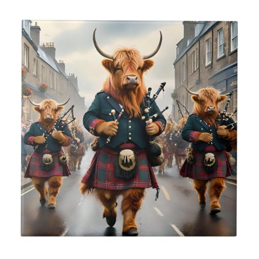 Highland Harmony: Bagpipe Highland Cow Band Fliese (Vorderseite)