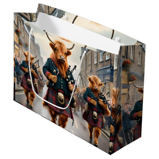 Highland Harmony: Bagpipe Highland Cow Band Große Geschenktüte (Vorderseite Schrägansicht)