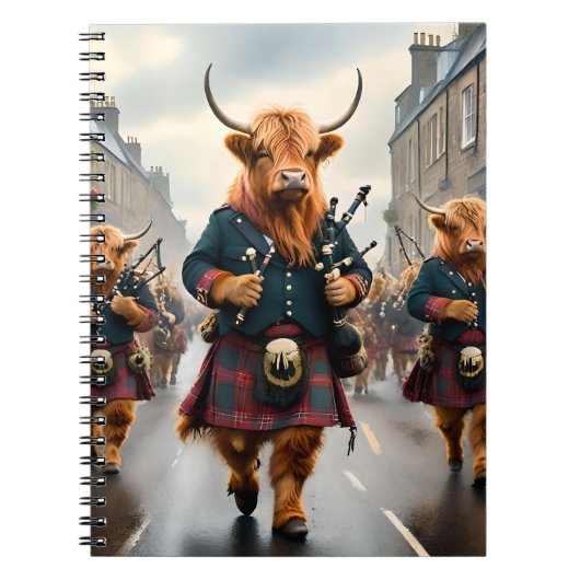 Highland Harmony: Bagpipe Highland Cow Band Notizblock (Vorderseite)