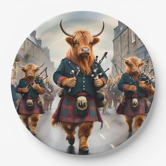 Highland Harmony: Bagpipe Highland Cow Band Pappteller (Vorderseite)