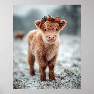 Highland-Kalb im Schnee mit festlichem Kranz Poster