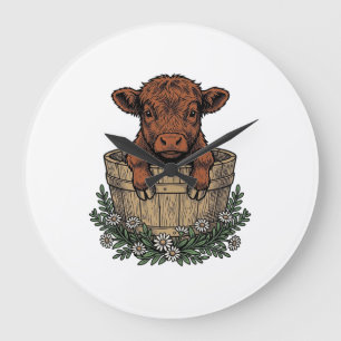 Highland-Kalb-Shirt Vintage Daisy Bucket Art Große Wanduhr