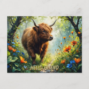 Highland-Kuh auf einem Blumenpfad-Puzzle Postkarte