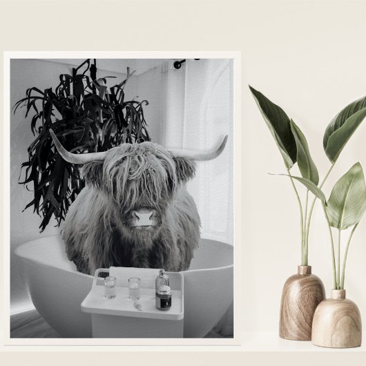 Highland Kuh Badewanne Schwarz-weiß Badezimmer Poster