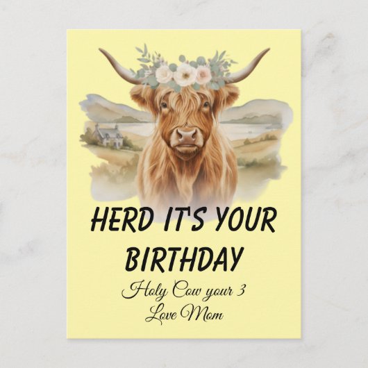 Highland-Kuh-Blumenkrone-Zum-Geburtstag Postkarte (Vorderseite)