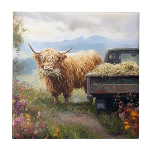 Highland-Kuh frisst Heu Fliese (Vorderseite)