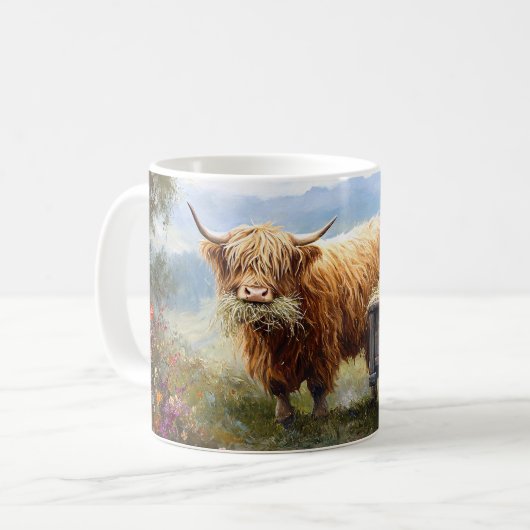 Highland-Kuh frisst Heu Kaffeetasse (Vorderseite Links)