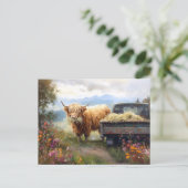 Highland-Kuh frisst Heu Postkarte (Stehend Vorderseite)