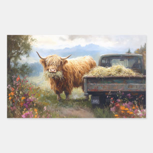 Highland-Kuh frisst Heu Rechteckiger Aufkleber