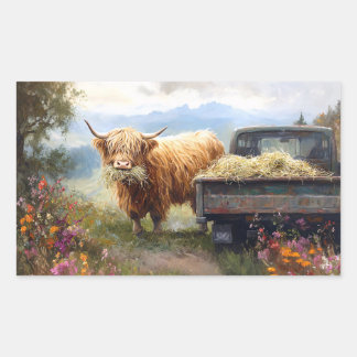 Highland-Kuh frisst Heu Rechteckiger Aufkleber