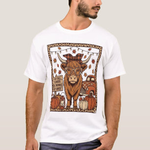 Highland-Kuh Hallo Herbst Vintage-Stichdesign T-Shirt