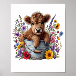 Highland-Kuh in Blumenkübel PNG, Süß Poster